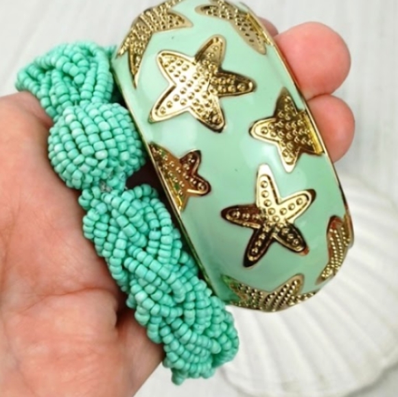 Multi Strand Braided Bead Stretch Gold Tone Starfish Graphic Bangle Duo - Picture 2 of 12